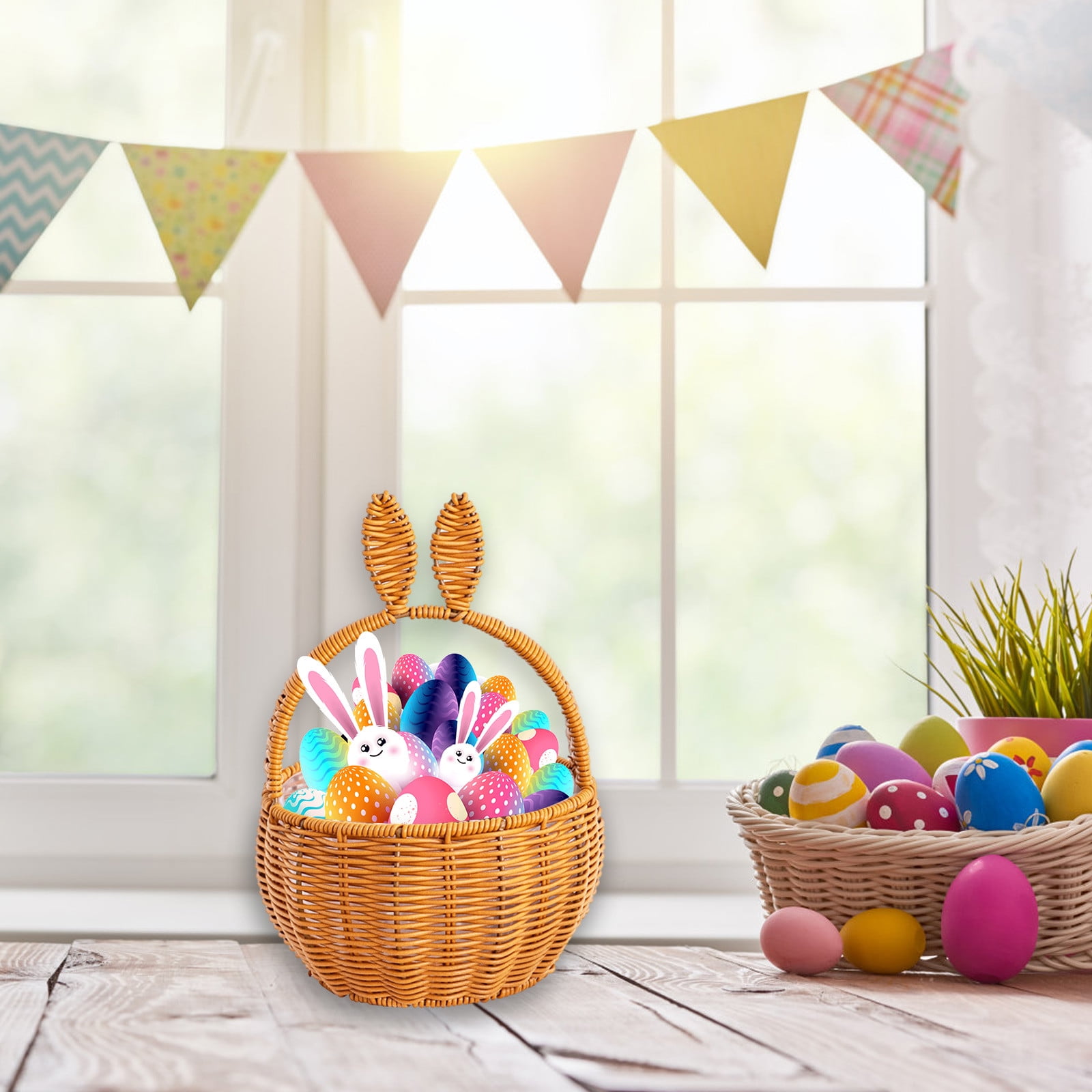 Yhmxh Easter Wicker Basket with Handle Bunny Ear Easter Woven Basket Picnic Basket for Kids Rabbit Ears Rattan Wicker Wine Woven Basket Empty for Candy Storage Toy Girl Party Easter Decorations-Brown