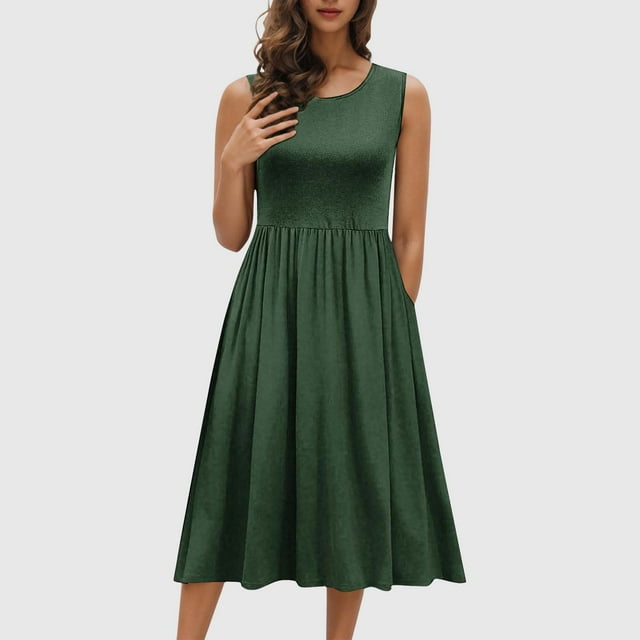 Ounisa Robes de Mode pour Femmes Été Décontracté Col Rond Sans Manches Unies Robes de Plage Boho