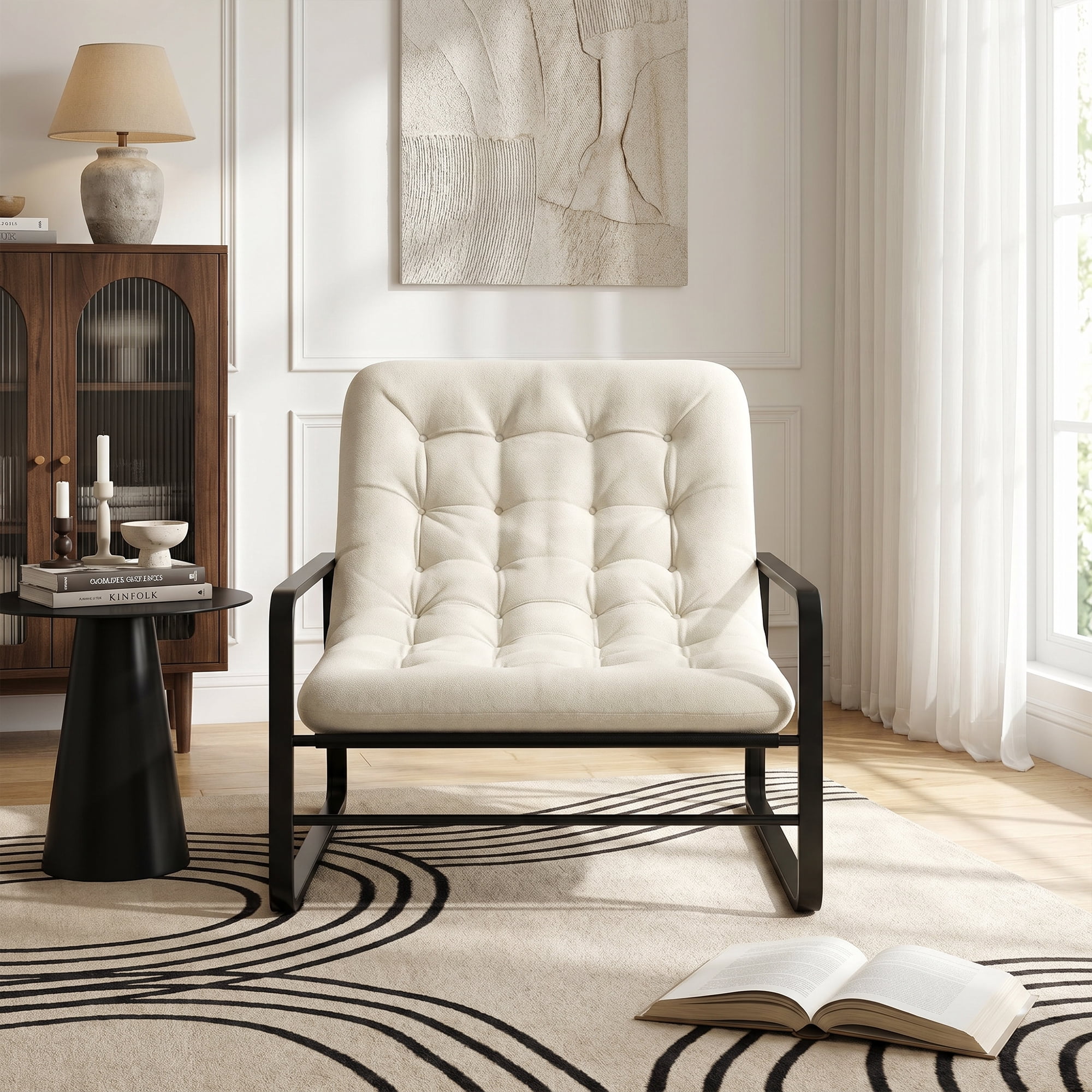 MAYEERTY 41.7" Beige Boucle Metal Frame Accent Chair, 350LBS High Density Sponge Lounge Chair for Living Bedroom Balcony