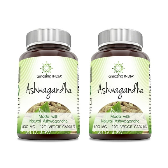 Amazing India Natrual Ashwagandha 500 Mg Per Serving 120 Veggie Capsules Supplement | Non-GMO | Gluten Free | Made in USA | Suitable for Vegetarians | Pack of 2