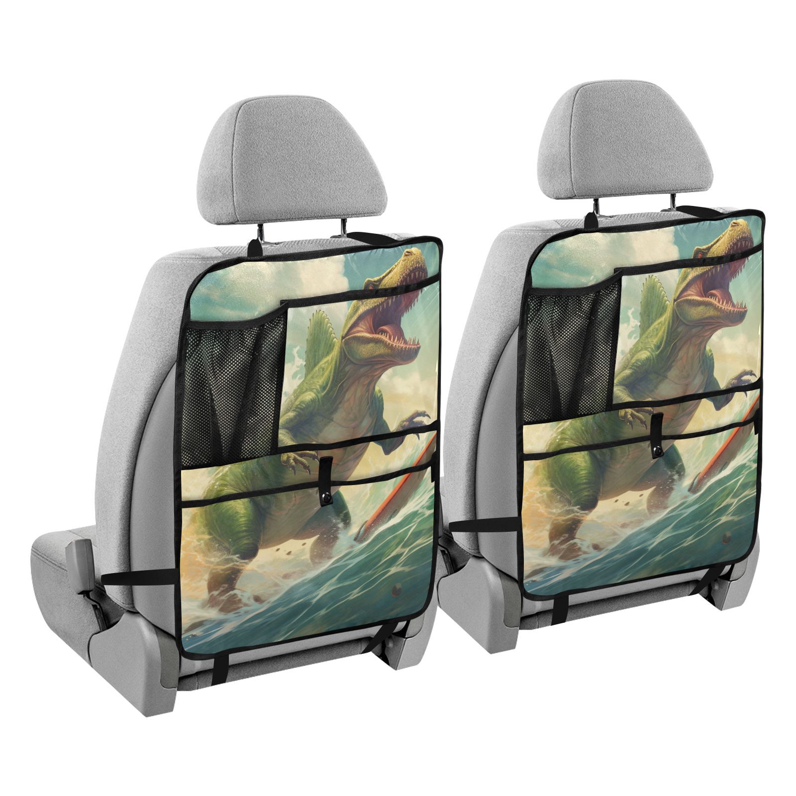 Dinosaur surfing epic wave ride(18) 4 Pack Kick Mat Backseat Protector,Car Seat Back Protectors with Pocket Storage Organizer for Car, SUV, Minivan or Truck Seats