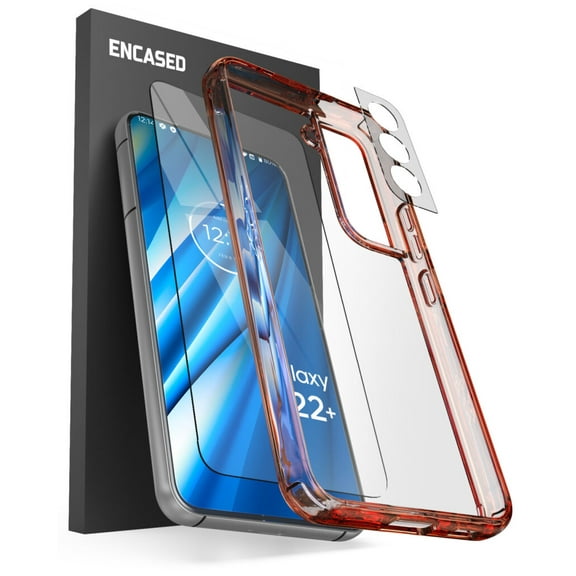 Encased (3 Pack) Designed for Samsung Galaxy S22 Plus Case with Screen Protector Tempered Glass Camera Lens Protector, Protective Phone Kit (Clear/Orange)
