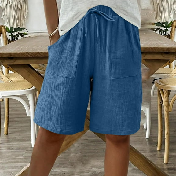 Bermuda Shorts for Women Cotton Linen Drawstring Knee Length High Waisted Baggy Shorts with Pockets Summer Casual Lounge Outfits Beach Travel Clothes, Blue L