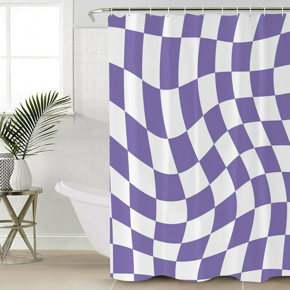 Purple White Checkered Bathroom Curtain 72 Inch Shower Curtain with Hooks, Modern Irregular Geometric Waterproof Polyester Bath Curtain Washable Bathtub Curtain 72''x 72''