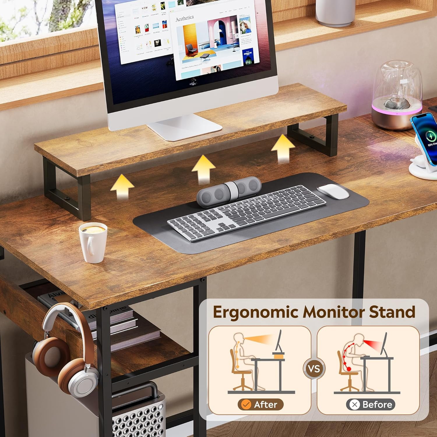 HZAT 60 Inch L Shaped Gaming Desk with LED Lights & Power Outlets, Corner Desk for Small Spaces, Sturdy PC Computer Table with Storage for Home Office, Rustic Brown