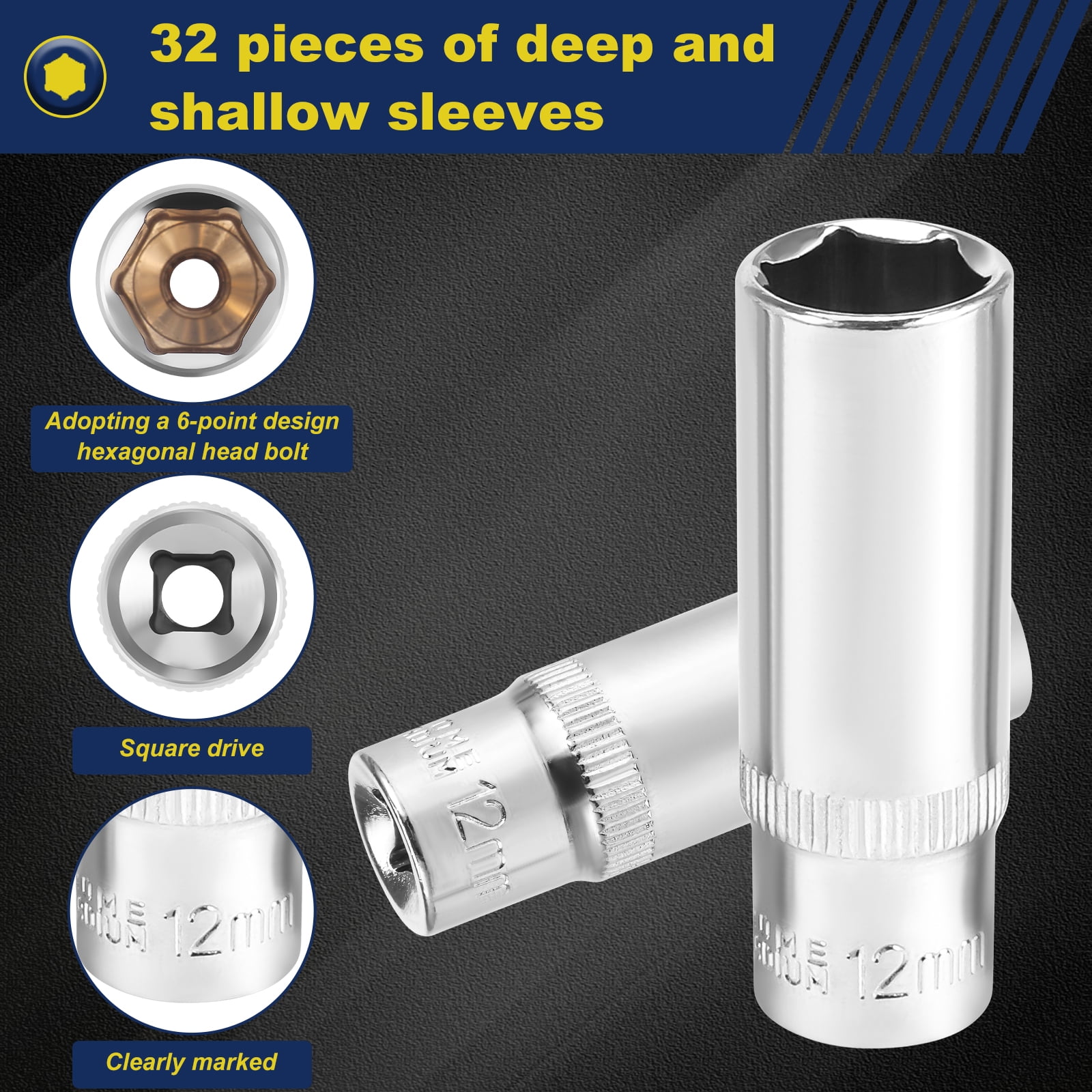 32 Pcs 1/4" Drive Socket Set 6 Point Design Deep and Shallow Socket Set Metric Size 6mm-13mm Mirror Chrome Finish with Storage Holders
