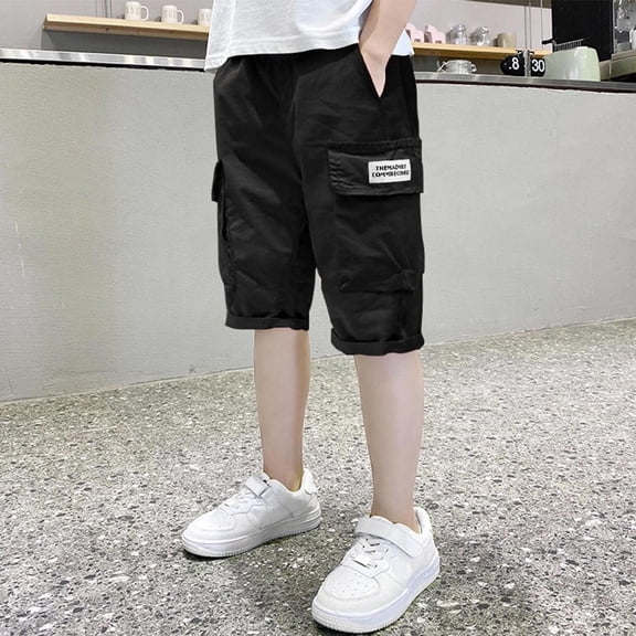 ITSAME Cargo Shorts for Boys, with Flap Square Pockets Elastic Waist Thin Breathable Casual Handsome Shorts Black 8T