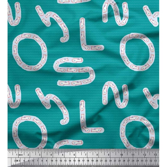 Soimoi Poly Georgette Fabric Alphabets,Waves & Fish Artistic Printed Fabric 1 Yard 52 Inch Wide