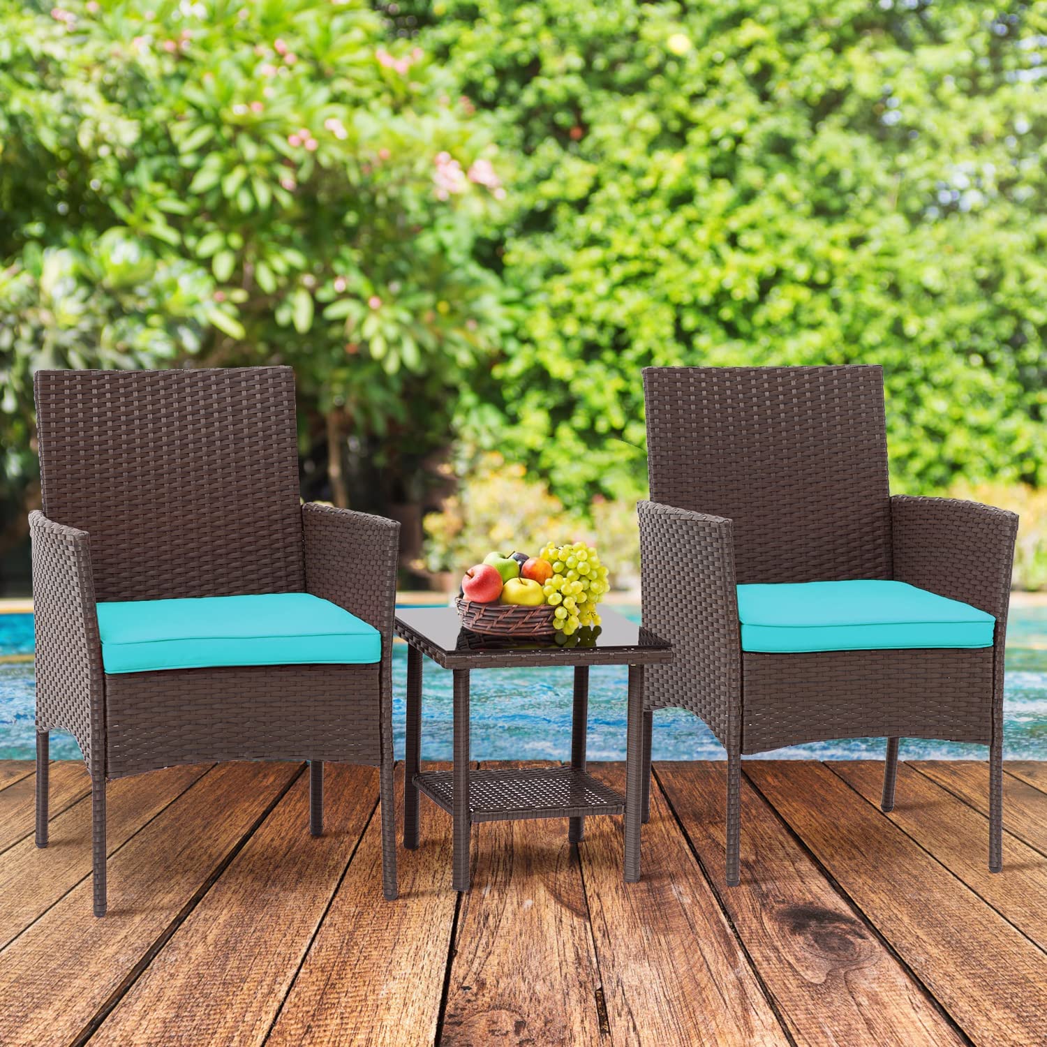 3 Piece Outdoor Furniture Set Patio Brown Wicker Chairs Furniture Bistro Conversation Set 2 Rattan Chairs with Blue Cushions and Glass Coffee Table for Porch Lawn Garden Balcony Backyard - image 2 of 7