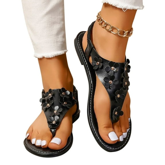 AXXD Women Black Sandals Summer Outdoors T-strap Flat Sandals Flower Decor Toe Post Thong Sandals