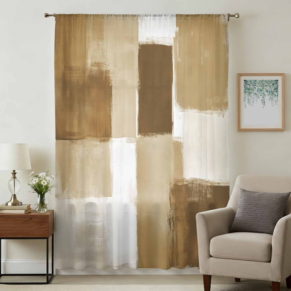 Brown Geometric Sheer Curtains 108" Extra Long, Watercolor Ombre Modern Abstract Art Light Filering Curtains, Privacy Drapes Simi Floor to Veiling Curtain for Living Room Bedroom Window Treatment