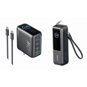 شاحن كمبيوتر محمول Anker 140W MAX USB C (4 منافذ) وبنك طاقة محمول بسعة 25000 مللي أمبير (4 منافذ) مع كابلات مدمجة وقابلة للسحب