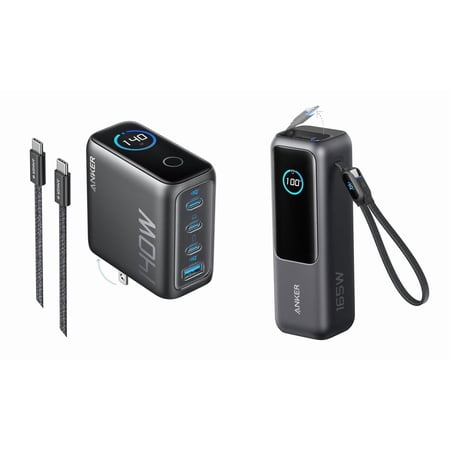 Anker 140W MAX USB C Laptop Charger (4-Port) and 25,000mAh Portable Power Bank (4-Port) with Built-in & Retractable Cables