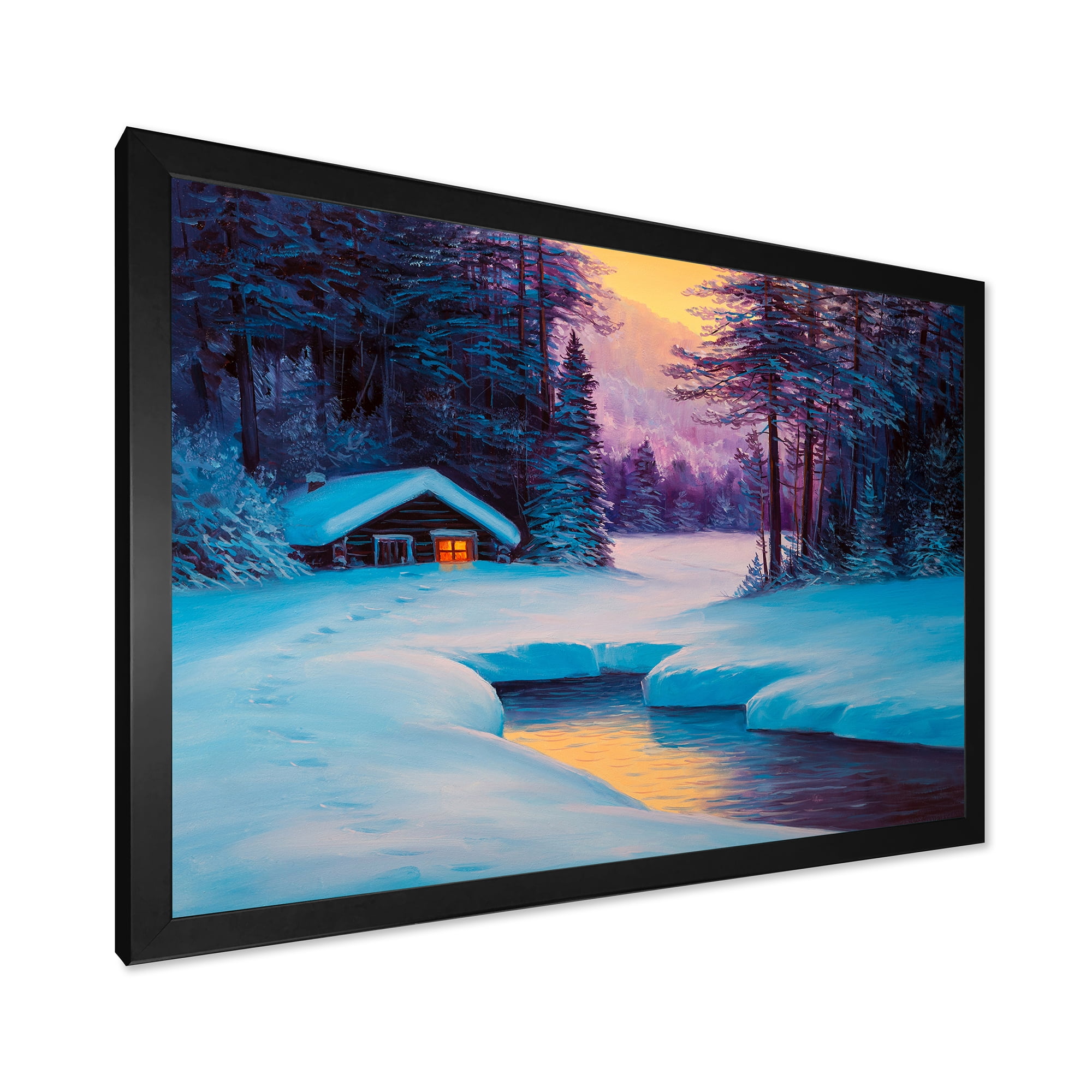 Designart 'Old Cabin In Winter Forest In Evening Glow II' Traditional Framed Art Print