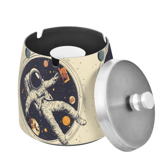 Yayeee Ashtray with Lid for Cigarette Smokeless Stainless Steel Home Ash Holder, Astronaut Floating