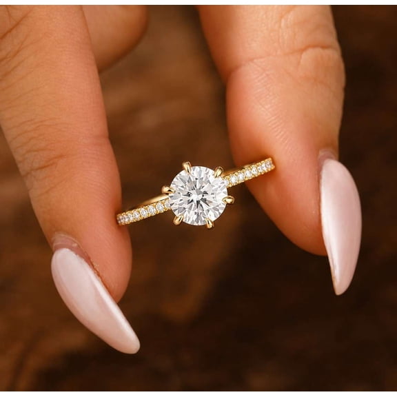 vylahjewellery Hidden Halo Round Diamond Solitaire Engagement Ring for Women 14K Vermeil Yellow Gold Wedding Anniversary Ring Six Prongs Moissanite Promise Ring