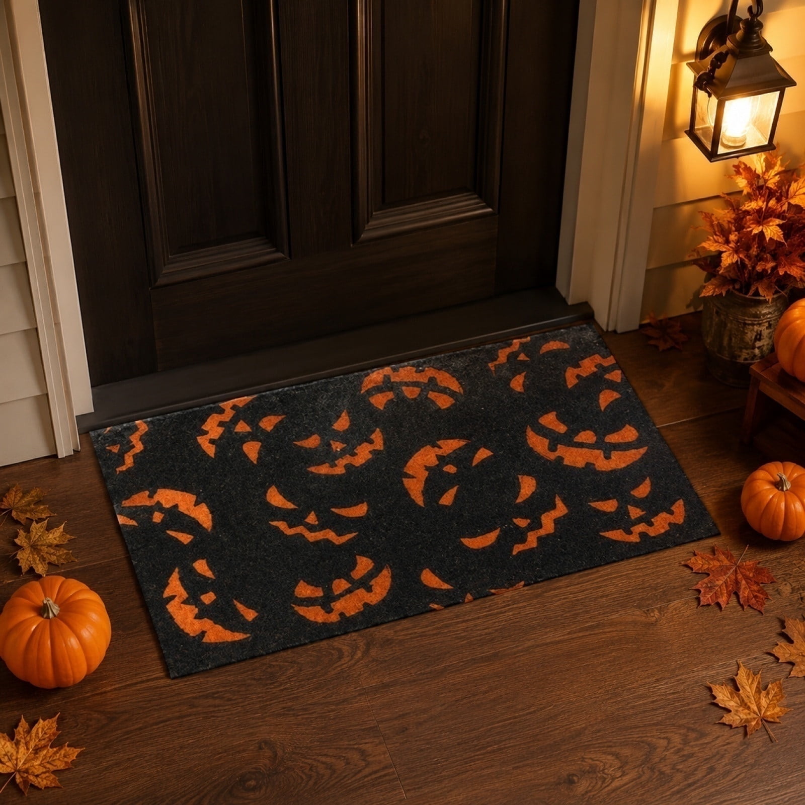 Halloween Doormat Pumpkin Face Print Black Orange Non Slip Coir Front Door Mat Outdoor Indoor Entry Decor
