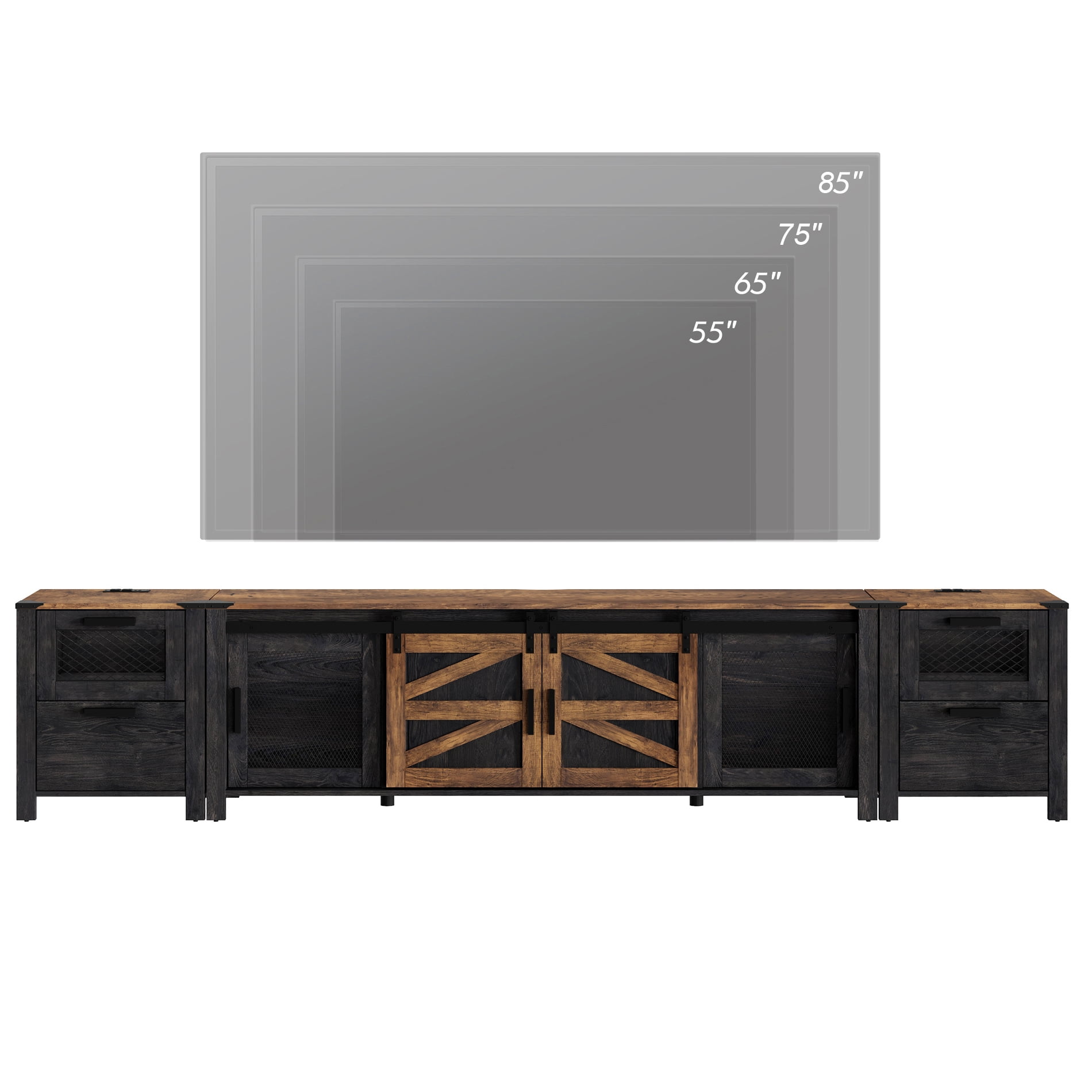 Wampat Farmhouse TV Stand for TVs up to 85 Inches with Charging Station, Drawers, Sliding Barn Door, Storage Shelf, Dark Walnut and Black Finish