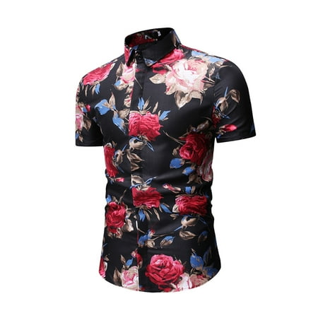 Men Classic Printed Buttons Shirts Lapel Short Sleeve Buttons Floral ...