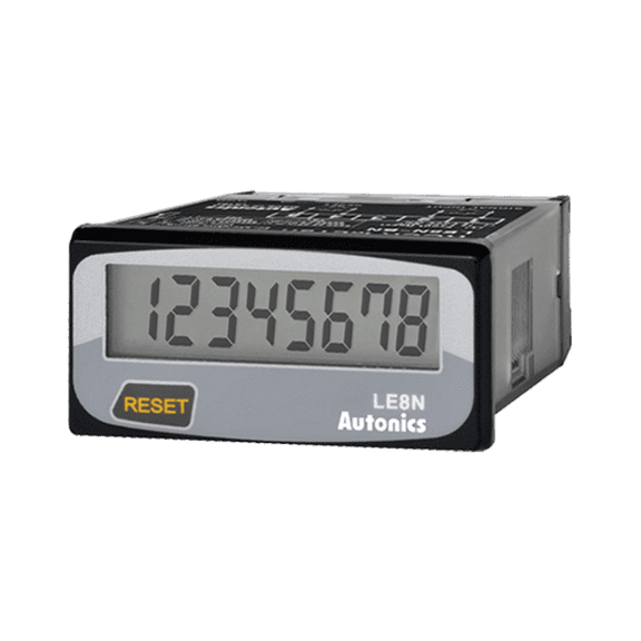 LE8N-BF Autonics Hour Meter, 8 digits LCD, 1/32 DIN, Built-in Battery power, Selectable front reset key, 8-digit 7-segment LCD