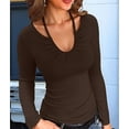 thumbnail image 4 of Womens Fall Clothes Long Sleeve Shirts Halter U Neck Ribbed Knit Slim Fitted Basic Casual Tops Brown L, 4 of 9
