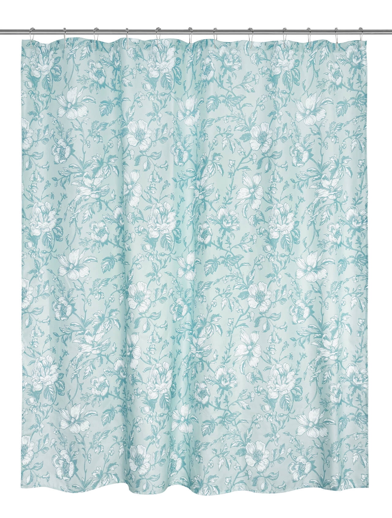 Mainstays 16-Piece Blue Floral Shower Curtain Bathroom Set – Fabric Curtain with Rug, Hooks, Soap Dispenser & Tray