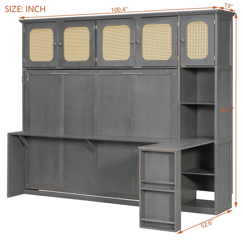 Full Size Murphy Bed with Desk and Open Shelf, Space-Saving Wall Folding Platform Bed Frame with Rattan-Door Cabinets