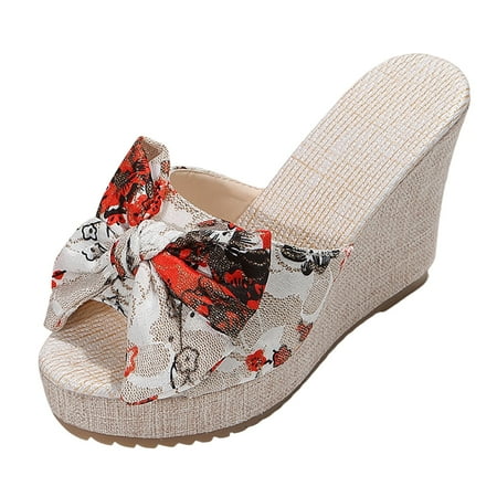 

Gzea Platform Sandals Women Women Summer Flowers Prints Bow Tie Slip On Casual Open Toe Wedges Comfortable Beach Shoes Sandals Slippers Red 40