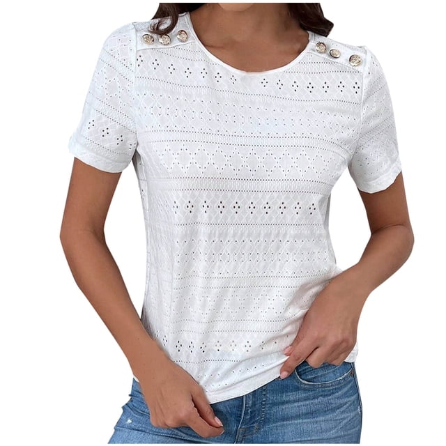 Timegard Womens Summer Tops Drop Shoulder Button Crewneck Comfy Casual Fitting Short Sleeve Tee Shirts