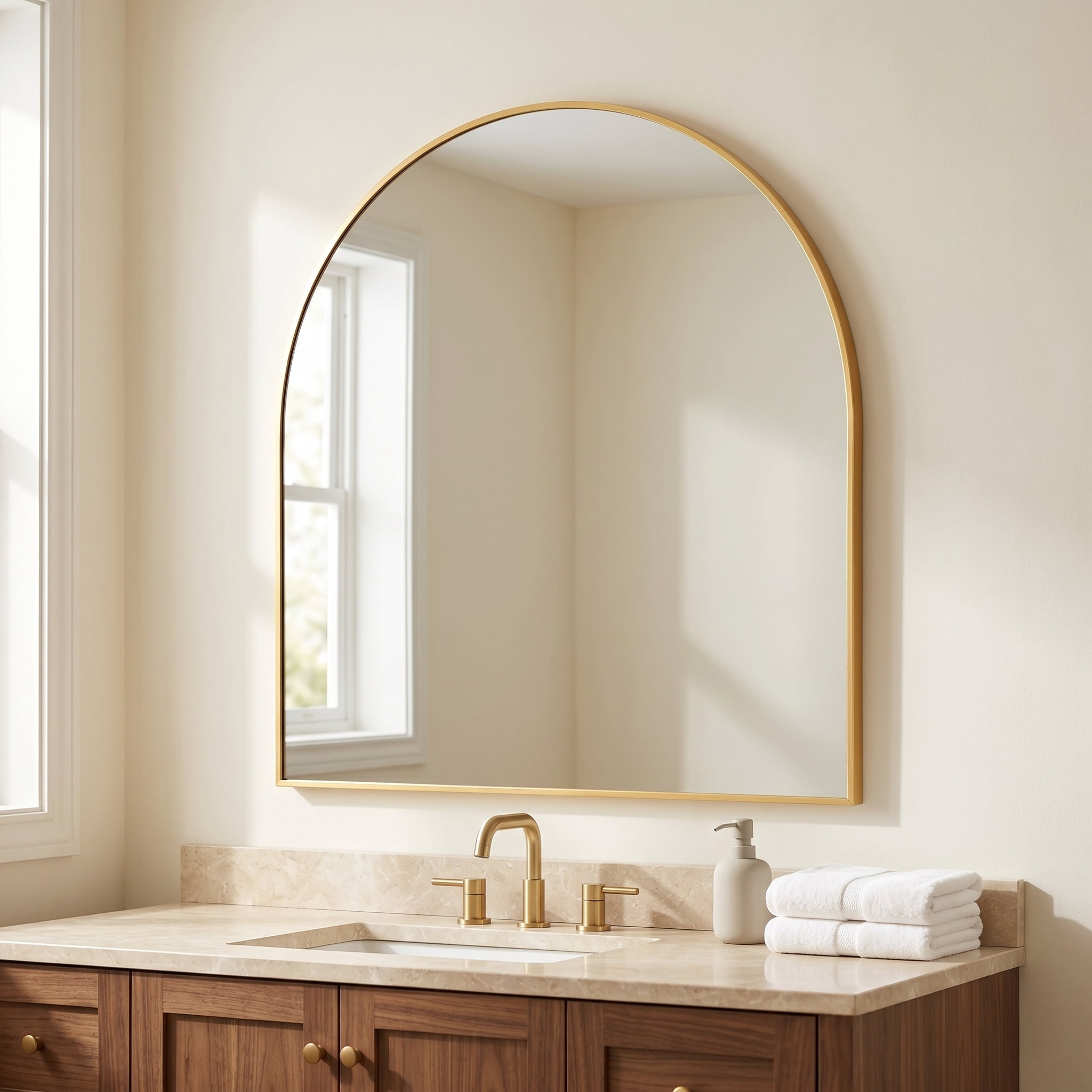 Gleamira 26"x28" Arched Bathroom Mirror Wall Mounted Mirror with Metal Frame, Gold
