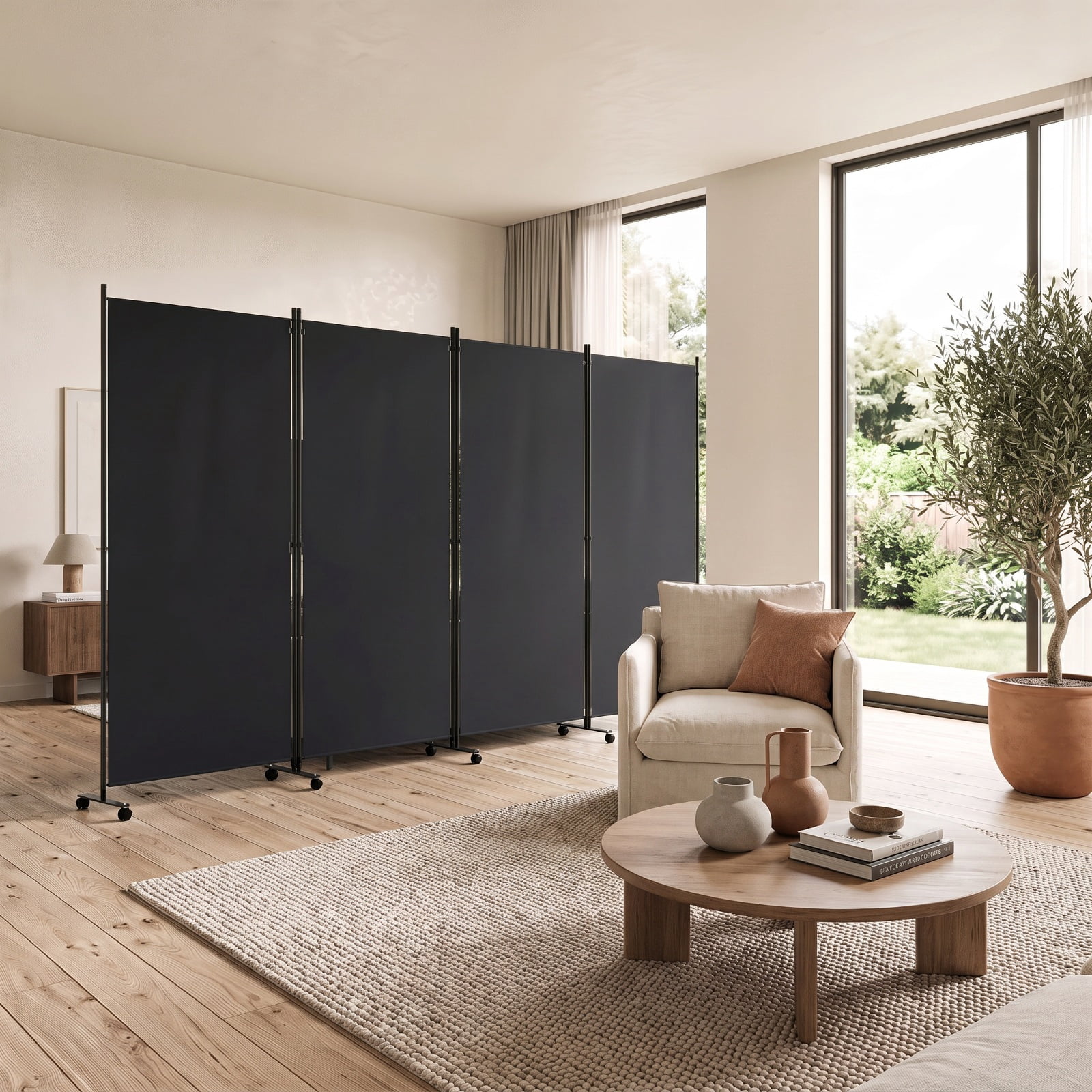 Vebreda 6-Panel Rolling Room Divider Folding Privacy Screen with Lockable Wheels, Freestanding Fabric Partition for Bedroom Office Studio, Black