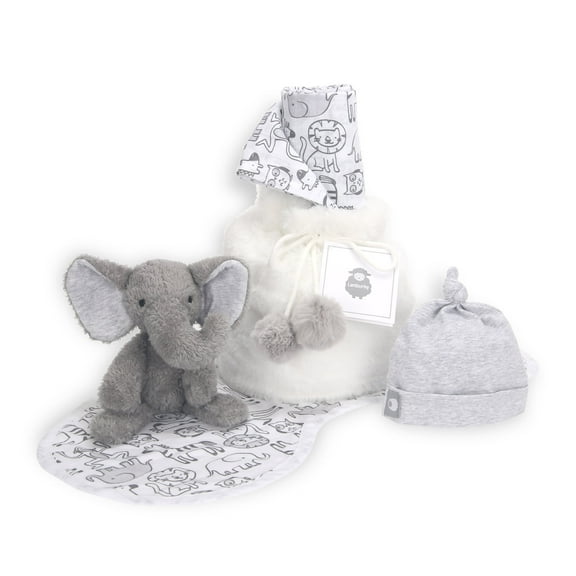 Lambs & Ivy 5 Piece Gray/White Plush Infant/Newborn Baby Gift Bag w/ Swaddle