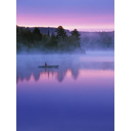 Canoeist on Lake at Sunrise, Algonquin Provincial Park, Ontario, Canada Print Wall Art By Nancy