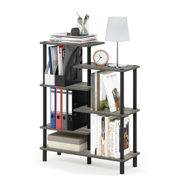 Furinno Turn-N-Tube Toolless Assembly 6-Tier Grey Book Shelf, Accent Display Shelf, Open Shelves, Round Tubes, for Organization and Storage, Living Room, Garage, Home Office, Grey Oak