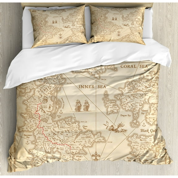 Map Duvet Cover Set, Highly Detailed Grunge Treasure Map Adventure Sailing Island Journey Travel, Decorative 3 Piece Bedding Set with 2 Pillow Shams, Calking Size, Sand Brown, by Ambesonne