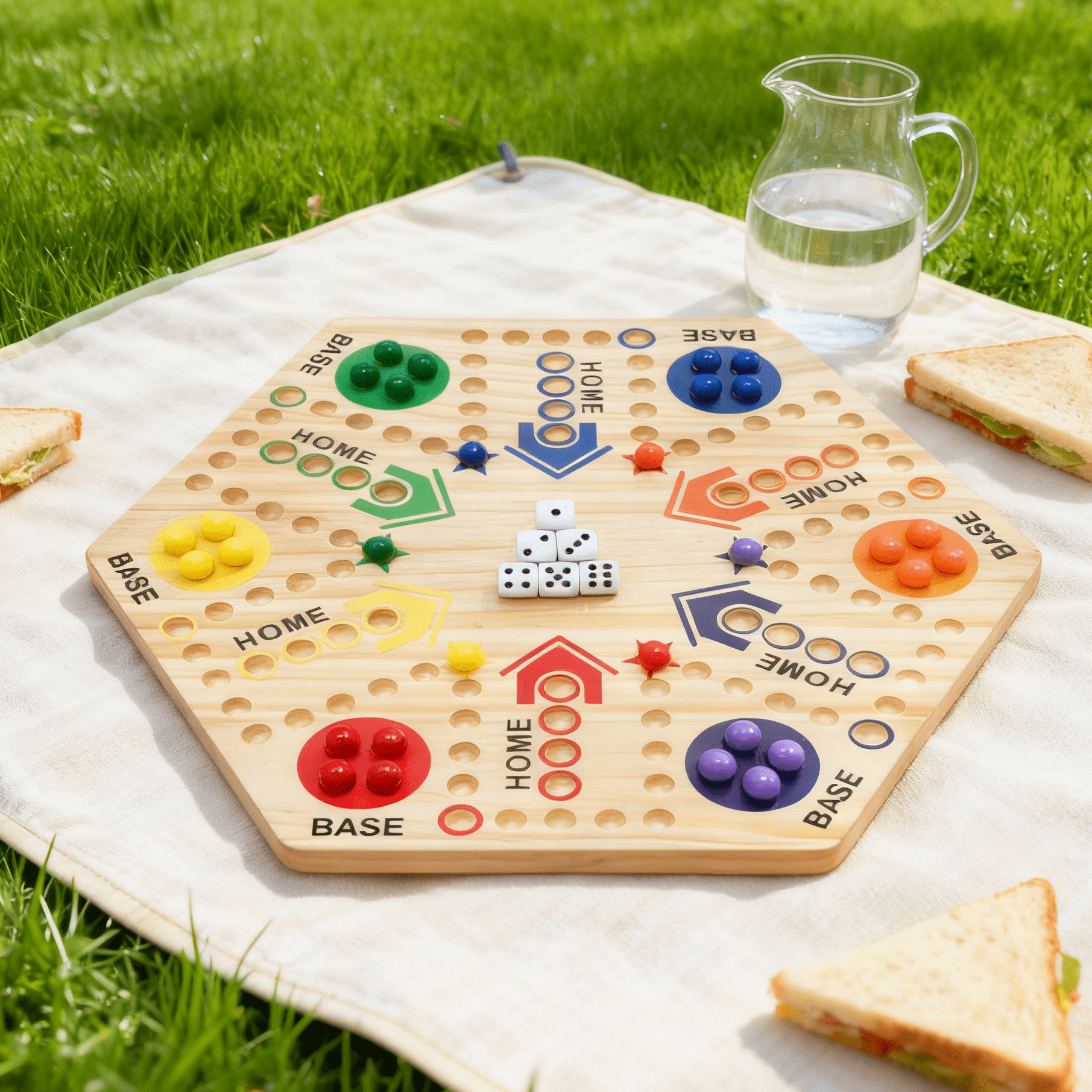 Wooden Fast Track Board Game for 4-6 People, Original Marble Game Wahoo Board Game, 15 Inch Double-sided Board, 2-6 Player Fast Track Game, 6 Colors 24 Marbles 6 Dice, Interactive Family Board Game