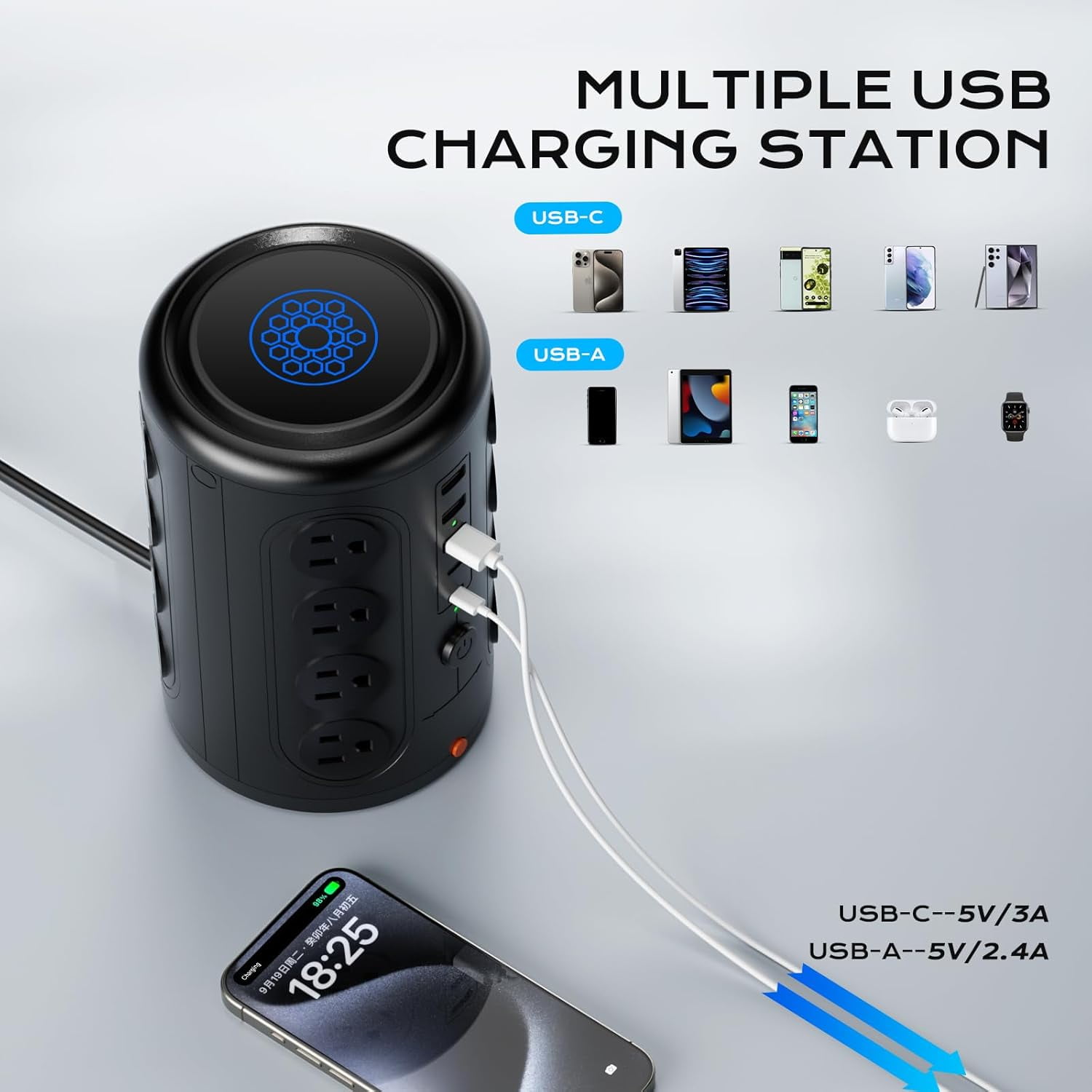 Surge Protector 10 FT Cord, Vertical Power Tower with 16 Outlets and 5 USB Ports (2 USB-C), 1875W 2000J Charging Station for Home Office Desk, Dorm Room Essentials, Black