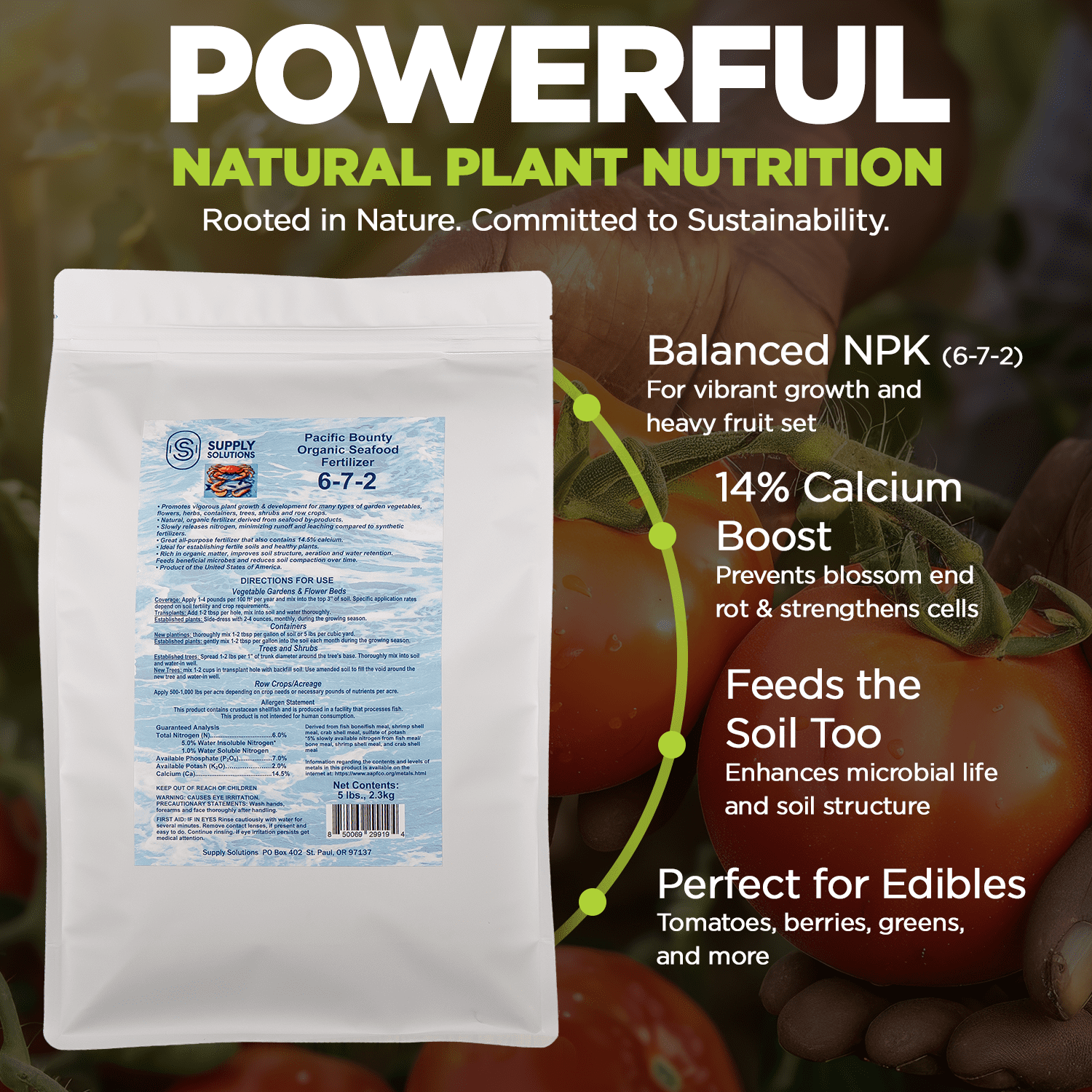 Organic Seafood Fertilizer 6-7-2 | 14.5% Calcium | All-Natural Fish & Shellfish-Based Garden Fertilizer | Boosts Growth, Improves Soil, and Prevents Blossom End Rot (5lbs)