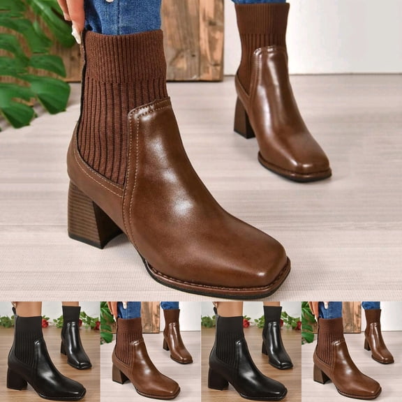 Lovzfmll Women's Boots, Chunky Block Heel Square Toe Ribbed Knit Stretchy Sock Ankle Boots, Dressy Fall Winter Booties Shoes, 5.5, Brown