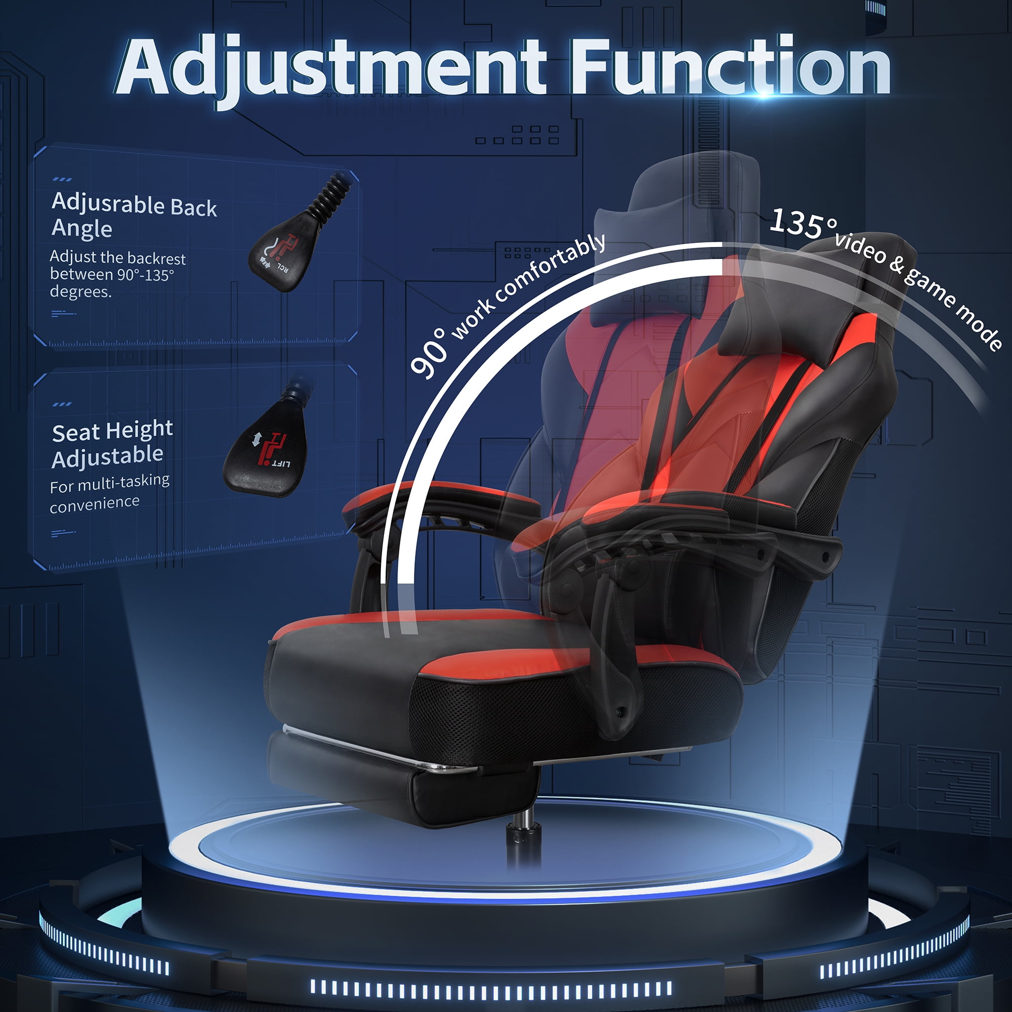 Walsunny Ergonomic Gaming Chair with Adjustable Footrest and Massage Leather Game Chair large gaming chair with Headrest and Lumbar Support for Adults, Red
