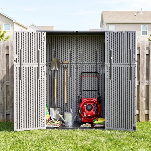 Lifarythm Outdoor Storage Shed, Vertical Resin Shed with Floor Lockable Double Doors 61 Cu. Ft. Waterproof Tool Storage for Patio Garden, Gray