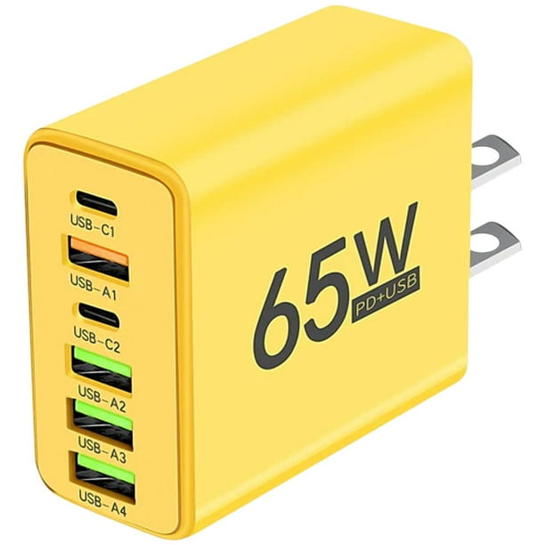 Cargador USB NexusYellow 1 Pza 6 Puertos USB 5V 3A Max 65W 100-240V 50-80Hz Amarillo.