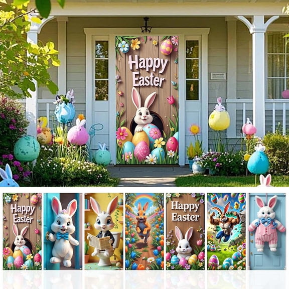 AZXY Funny Easter Bunny Door Cover 71x35 Inch, Muscular Bunny Breaking Through Wall with Eggs Door Banner Backdrop, Spring Playful Porch Wall Hanging Decor for Easter Party