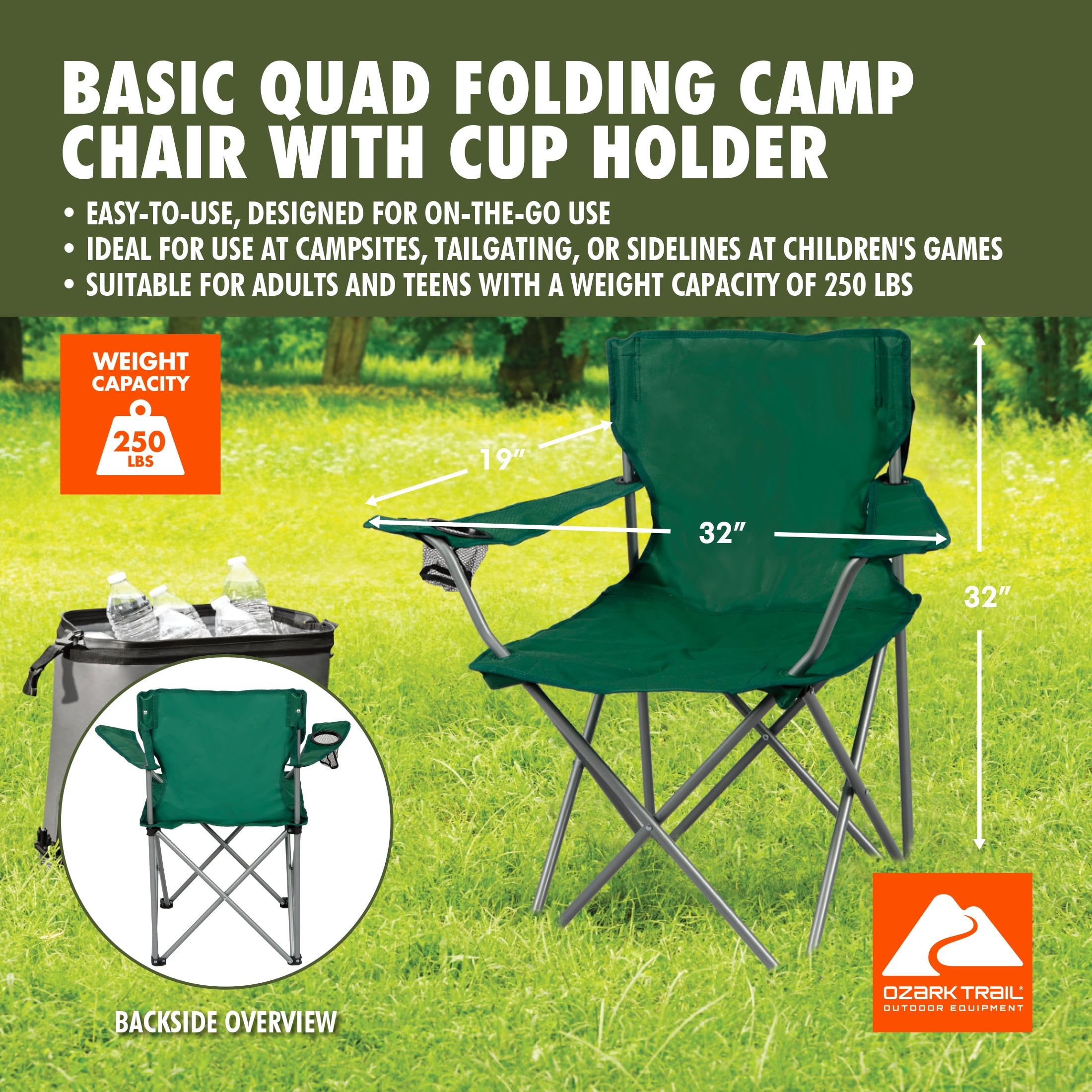 Ozark Trail Quad Folding Camp Chair with Cup Holder, Dark Green