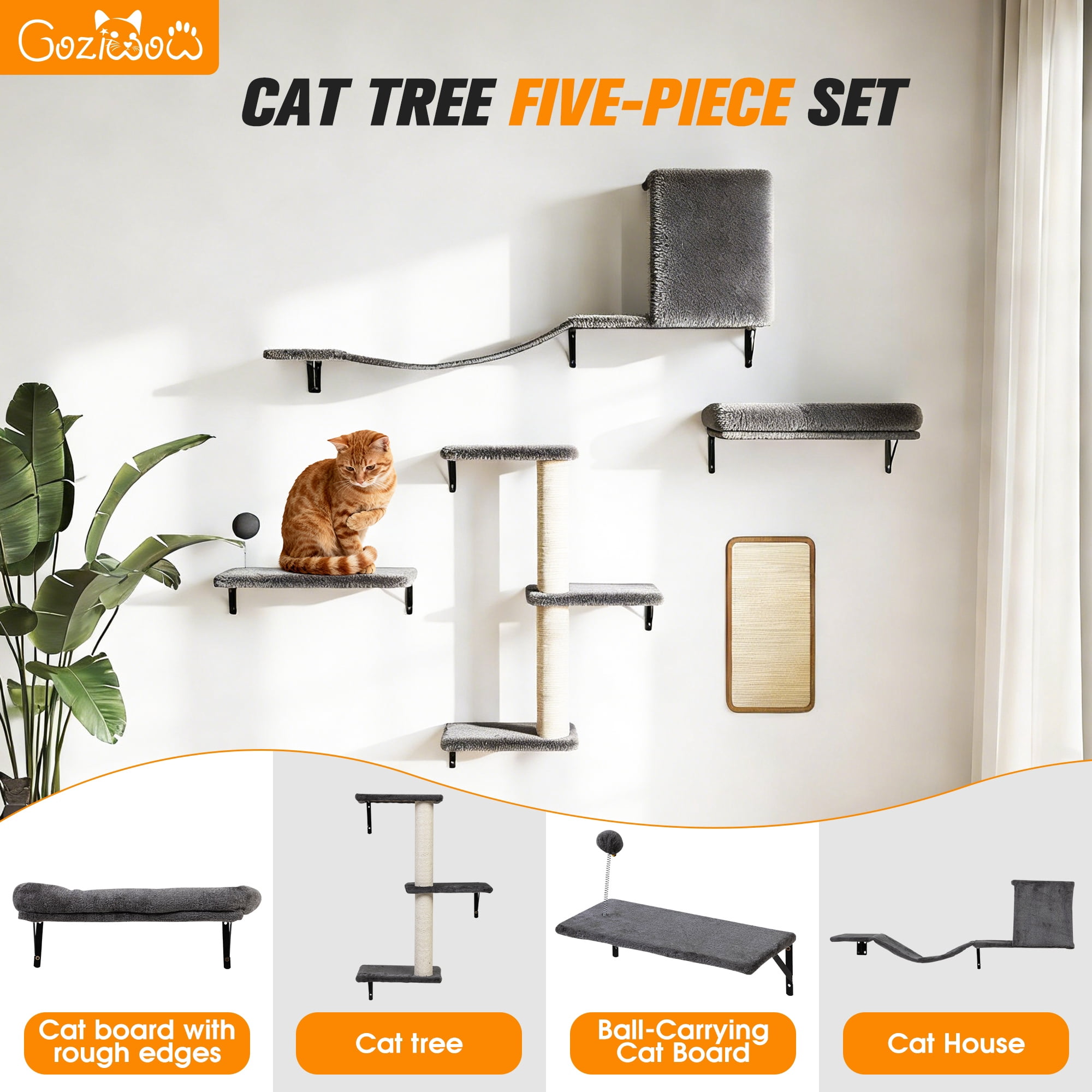 COZIWOW Cat Wall Shelves Set, 5-Piece Wall Mounted Cat Furniture with Cat Tree & Scratching Post(Grey)