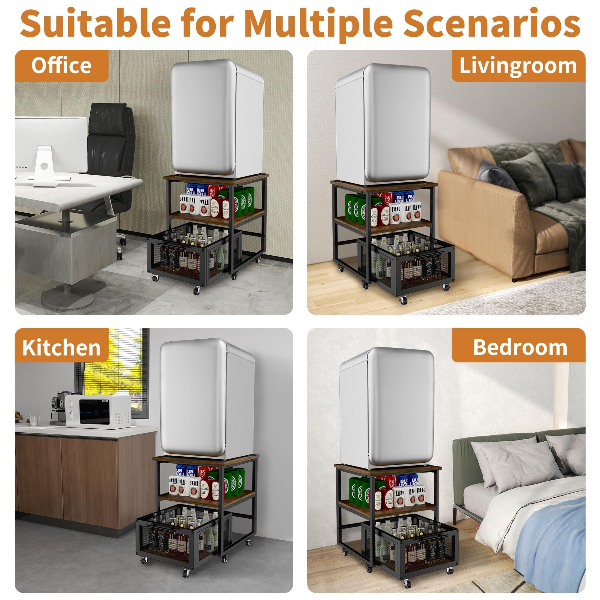 Lovote 21.7x21.7in Mini Fridge Stand with Lockable Wheels & Storage - 23.6" Ergonomic Height, 350lbs Capacity Heavy Duty Mobile Compact Fridge Shelf for Dorm, Office, Bedroom
