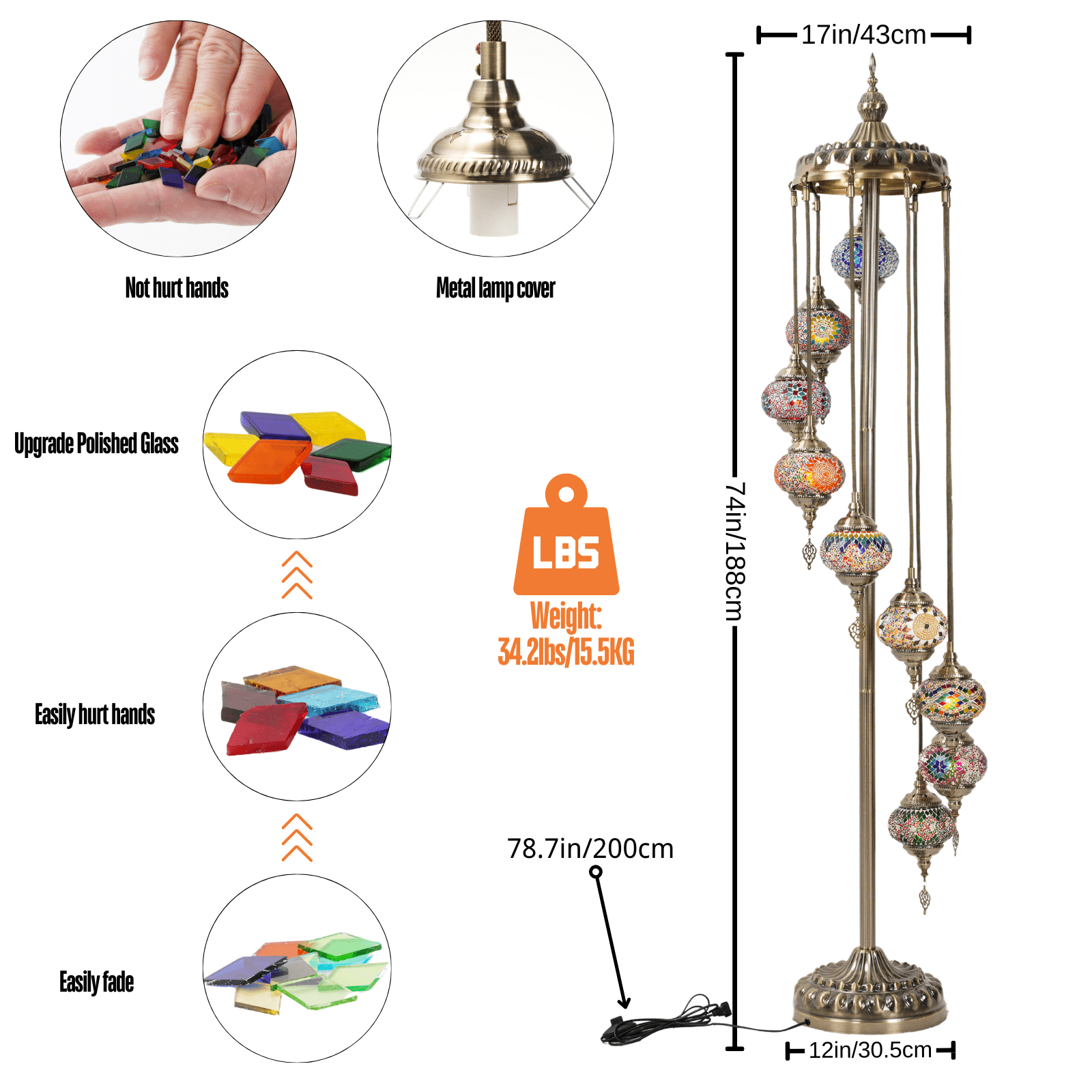 Turkish Floor Lamp,  Turkish Moroccan Light，Traditional Turkish Art ，Upgraded 9 Globe Mosaic Design, 74in High, Includes Bulbs, for Home Decor  Lounge Ambiance