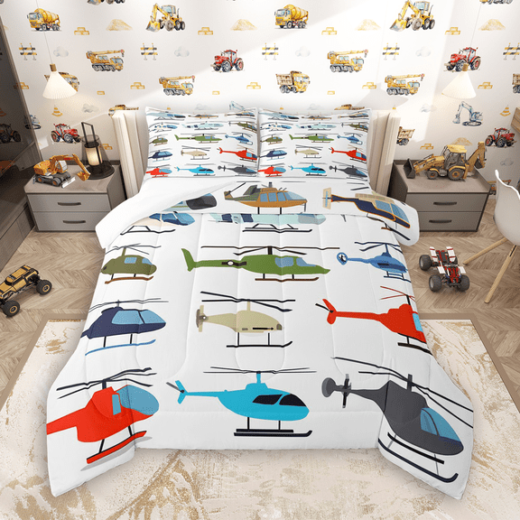 Manfei Colorful Helicopter Bedding Comforter Set 2pcs for Boys, Air Transportation Twin Comforter Sets, Aircraft Airplane Bedding Set, Lightweight Room Decor
