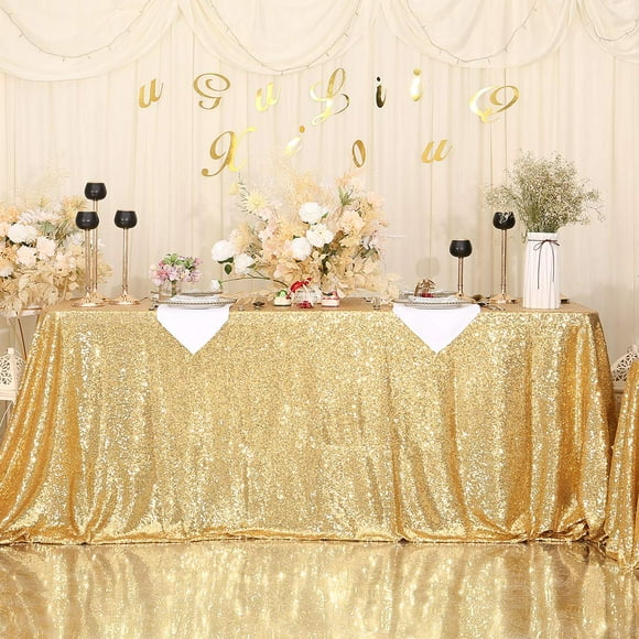 SquarePie Sequin Tablecloth 90 x 132 Inch Gold Sparkly Table Cloth for Wedding Party