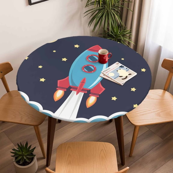 Fitted Tablecloth for Round Table,Space Rocket Moon Star Table Cover with Elastic Edge Waterproof Table Cloth,Cartoon Style Circle Table Covers for Kitchen Indoor Outdoor Picnic Party